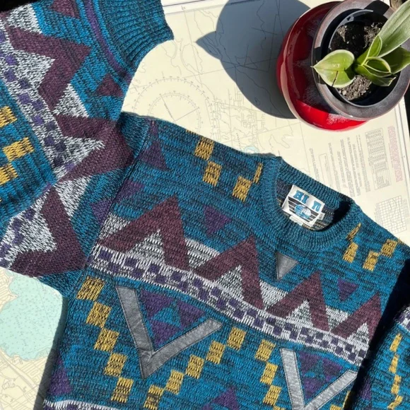 Vintage 90s Hi Yu Leather Trimmed Dad Sweater - Picture 2 of 5